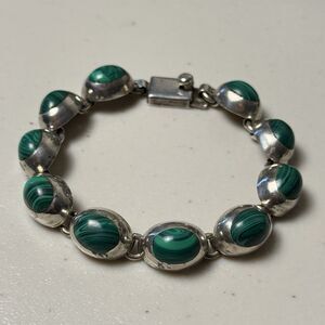Vintage 925 Taxco Mexico Green Malachite Sterling Silver Bracelet